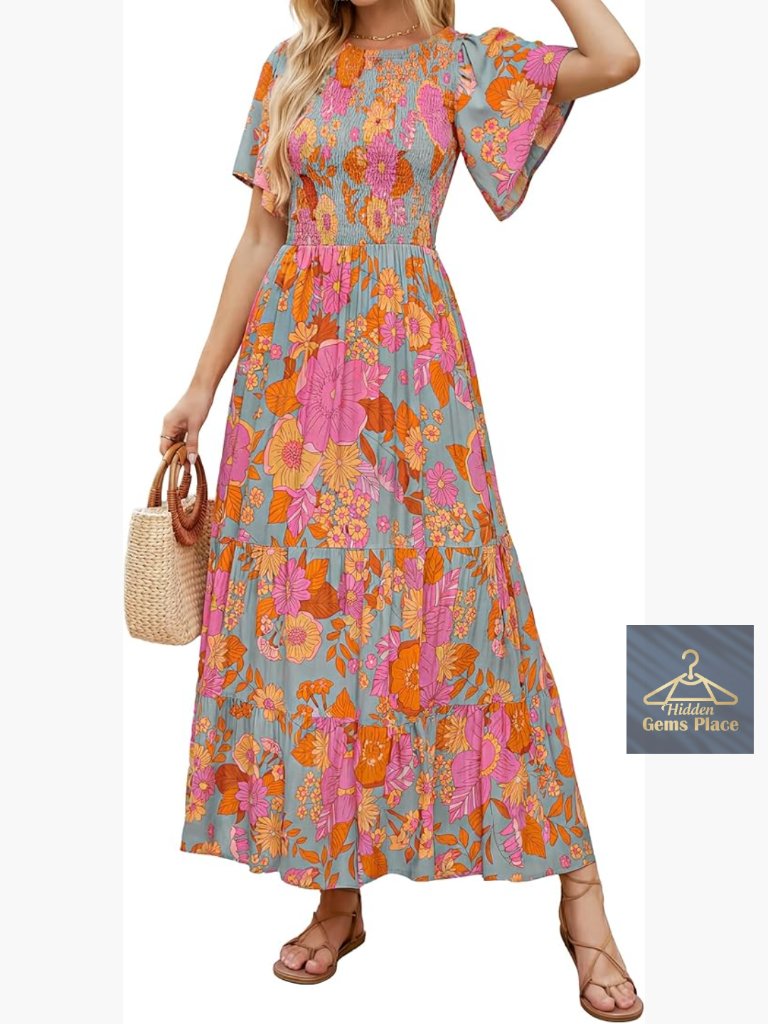 Boho Floral Maxi Dress With Flutter Sleeves, Smocked Bust, Tiered Skirt